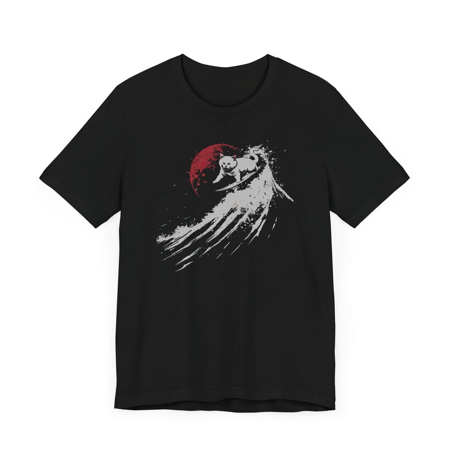 Cat Surfing Under Red Moon Graphic Tee
