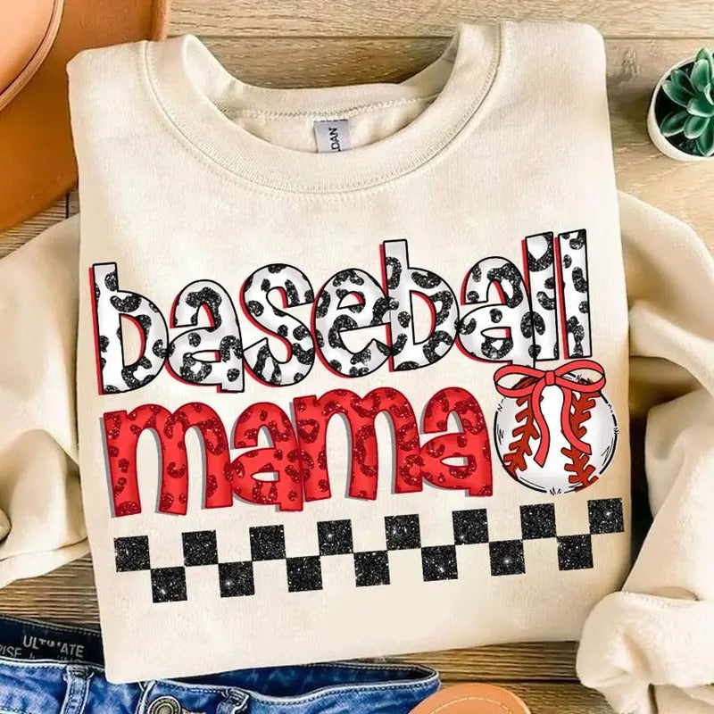 Coquette Checkered Baseball Mama Bow Leopard Preppy Baseball Game Day Sweatshirt Classic Cotton