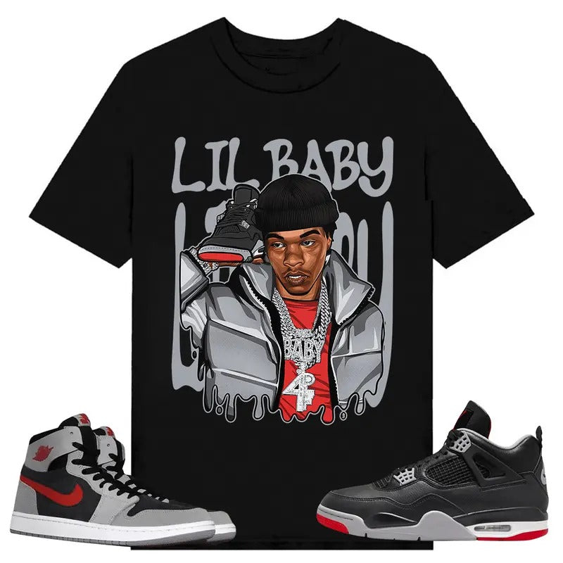 Retro Lil, Shirt to match A J 1 High Zoom CMFT 2 Fire Red Cement Grey, A J 4 Bred, Shirt to matching Sneaker