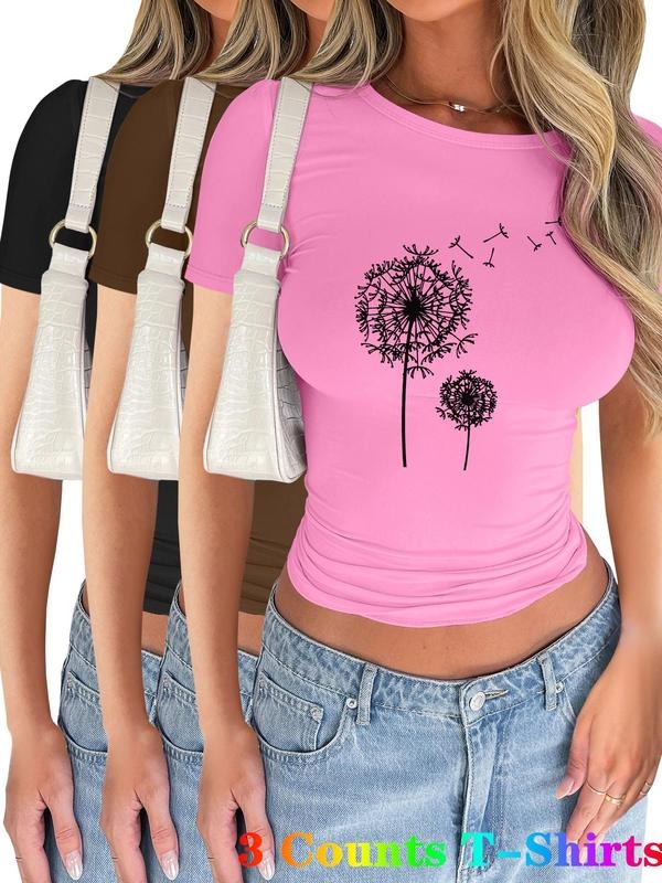 Women's Dandelion Print Short Sleeve Tee, Casual Round Neck T-shirt for Summer, Ladies Clothes for Daily Wear, Topstyle{n002}2