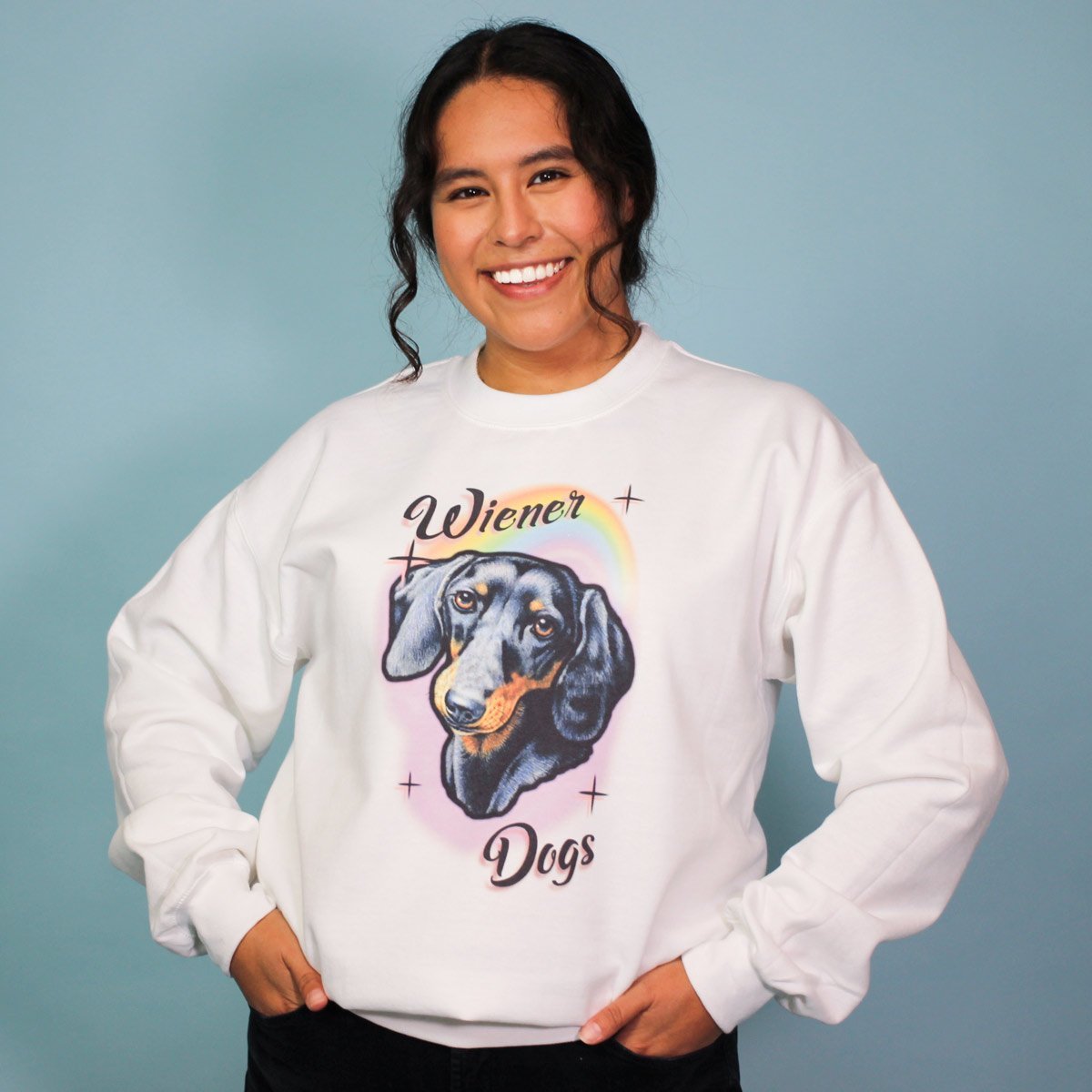 rainbows and wiener dogs unisex crew sweatshirt | black and tan
