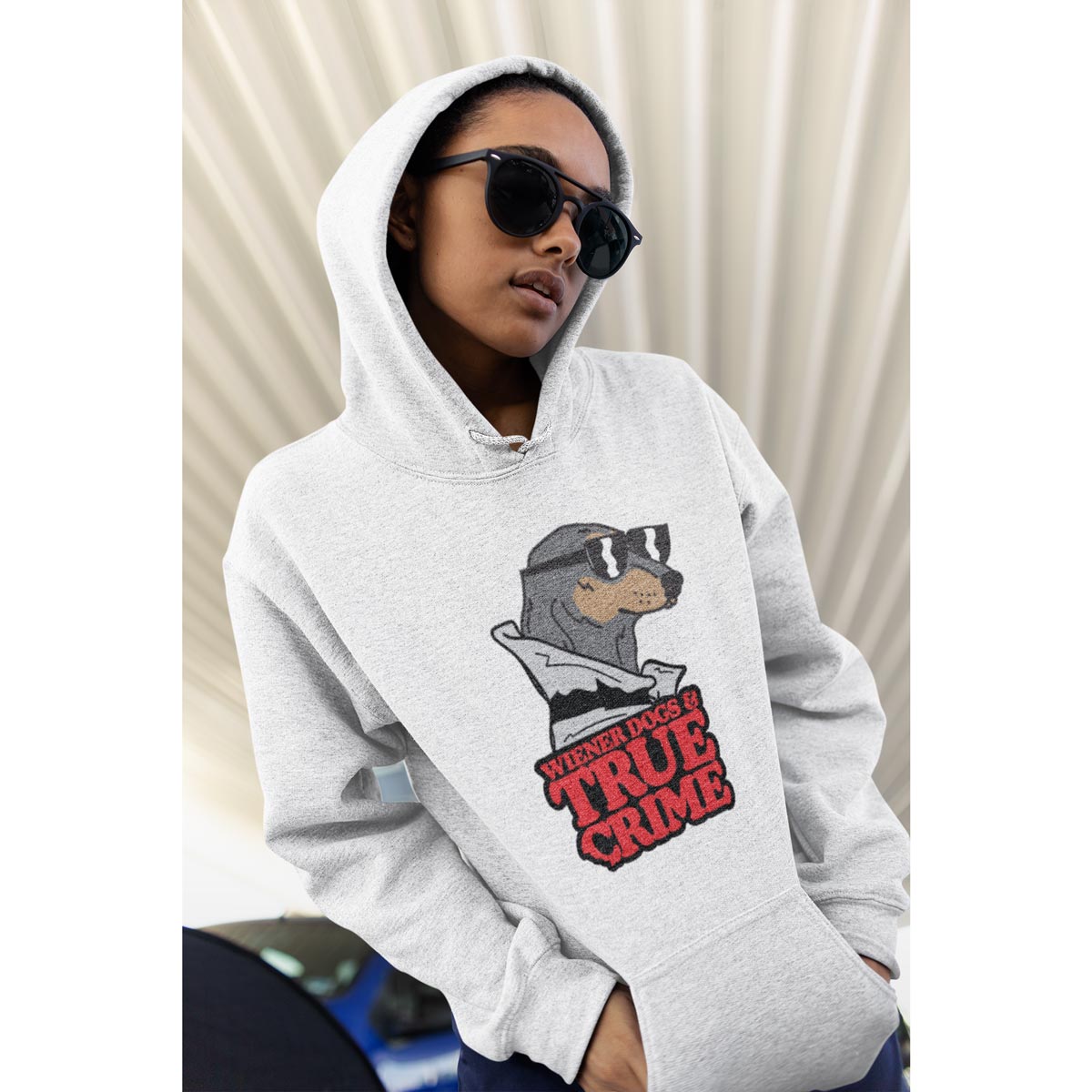 wiener dogs & true crime unisex hoodie | heather grey