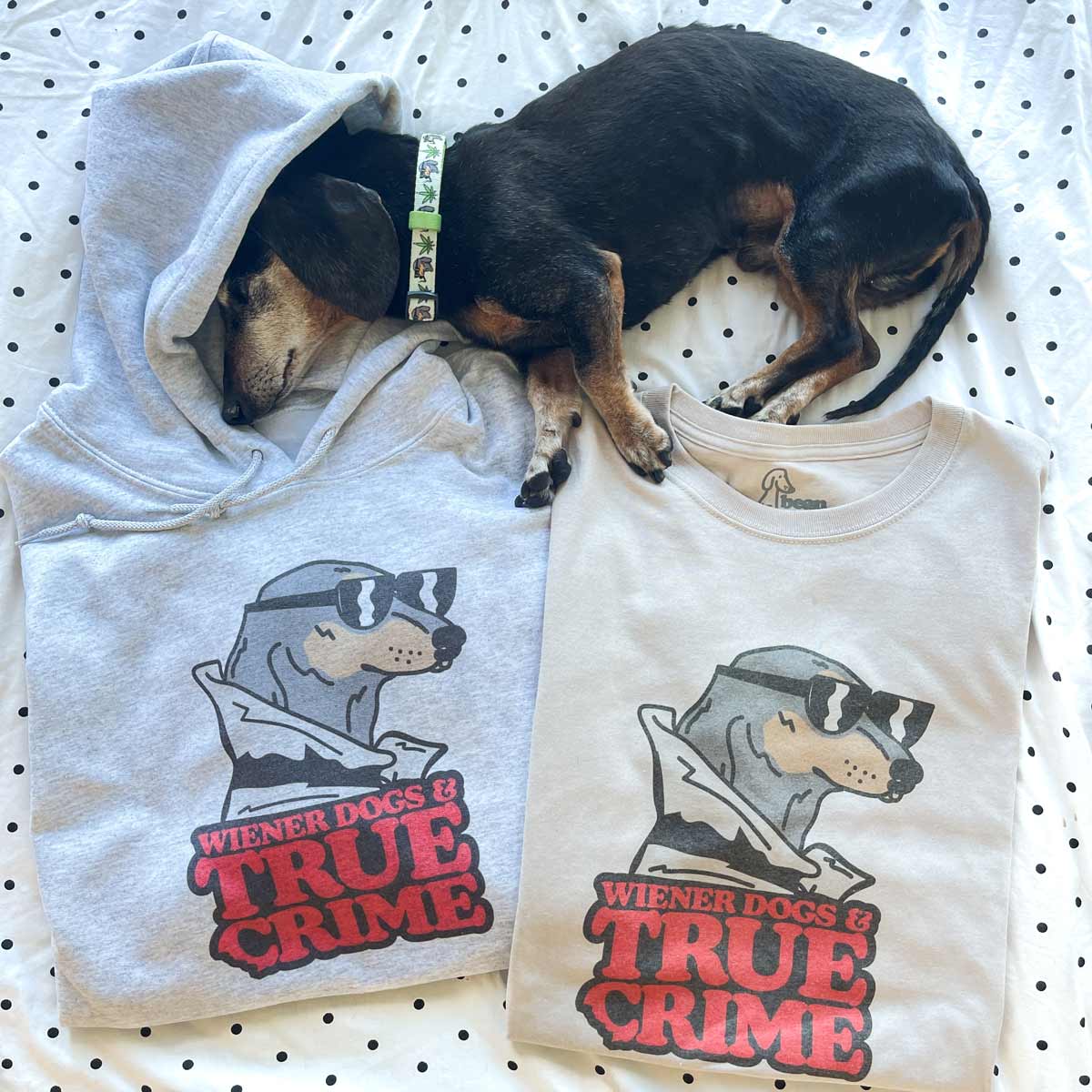 wiener dogs & true crime unisex hoodie | heather grey