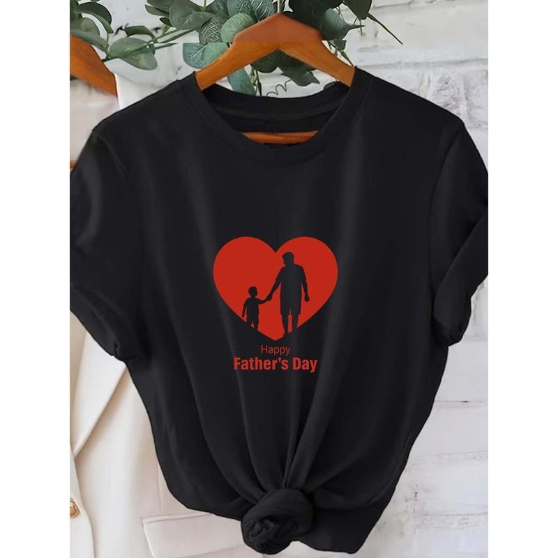 1-Pack Women's Black Short Sleeve Crew Neck T-Shirt - Happy Father's Day Print with Red Heart & Family Silhouette, Casual...