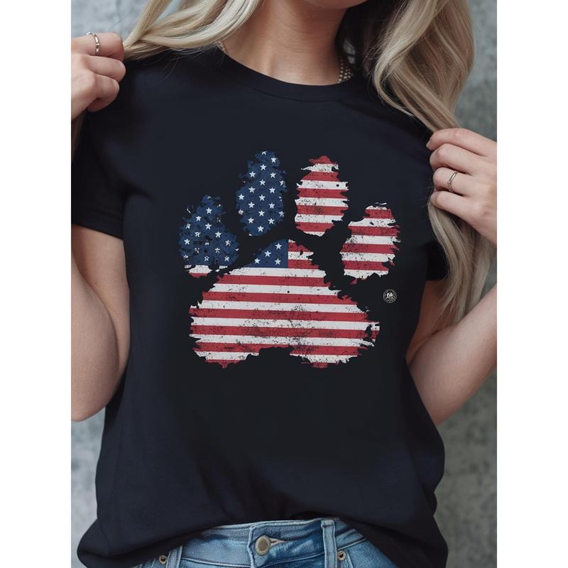 1 Women'S Casual T-shirt with American Flag Paw Print, round Neck Short Sleeve Top, Suitable for Spring and Summer,...