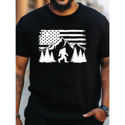 1 pc, 100% cotton T-shirt, Plus Size Men's Mountains Print Creative Top, Casual Short Sleeve Crew Neck T-shirt, Men's...
