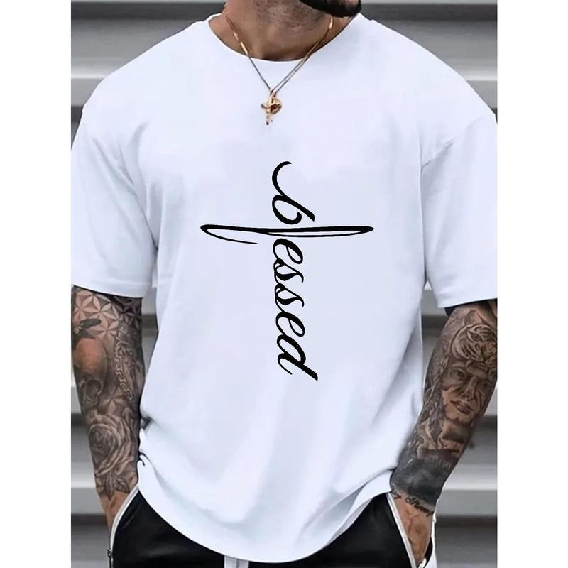 1 pc, 100% cotton T-shirt, Stylistic T Shirt For Men, Men Cross Shaped "Blessed" Letter Graphic Print T Shirt, Summer...