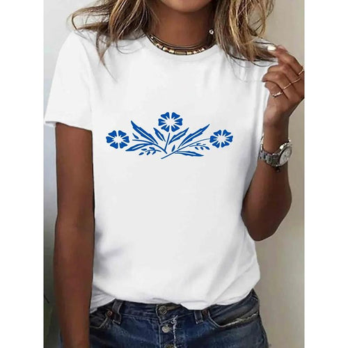 1 piece, 100% Cotton, Floral Pattern Printed T-Shirt Spring Summer Round Neck Short Sleeve Women's T-Shirt, Breathable...