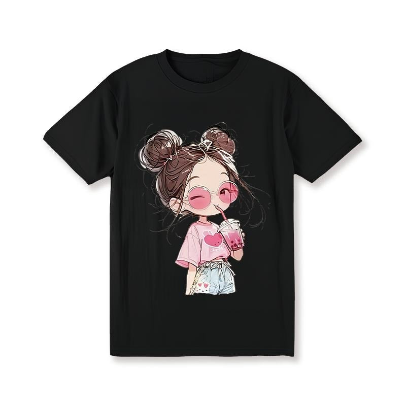 100% Cartoon Cute Printed Short Sleeve Round Neck T-Shirt, Summer New, Loose Fit, for Women Womenswear Flat Hoodie,...
