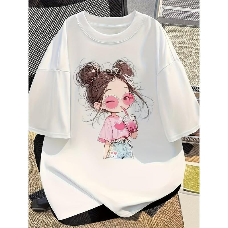 100% Cartoon Cute Printed Short Sleeve Round Neck T-Shirt, Summer New, Loose Fit, for Women Hoodie, Sweatshirt