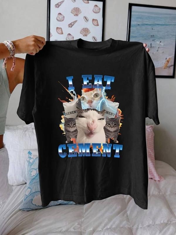 [100% Cotton] Funny Cat Meme 'I Eat Cement' T-Shirt