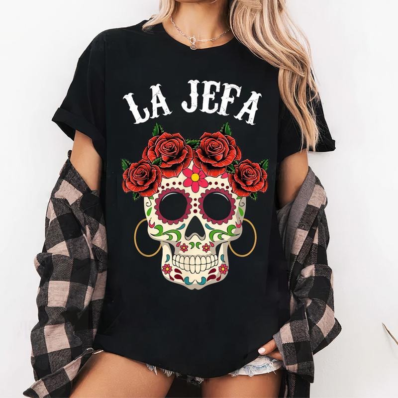 [100% Cotton] La Jefa Sugar Skull Apparel, Mexican Dia De Los Muertos Dead T-Shirt Hoodie, Sweatshirt | UrbanDripWear.com