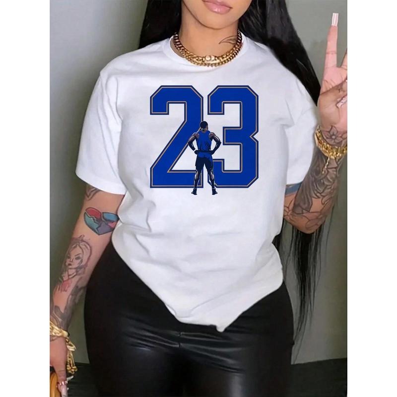 100% Cotton  Women's 23 Number Athletic Crew Neck T-Shirt, Casual Short Sleeve Top For Spring & Summer  Women's Clothing...