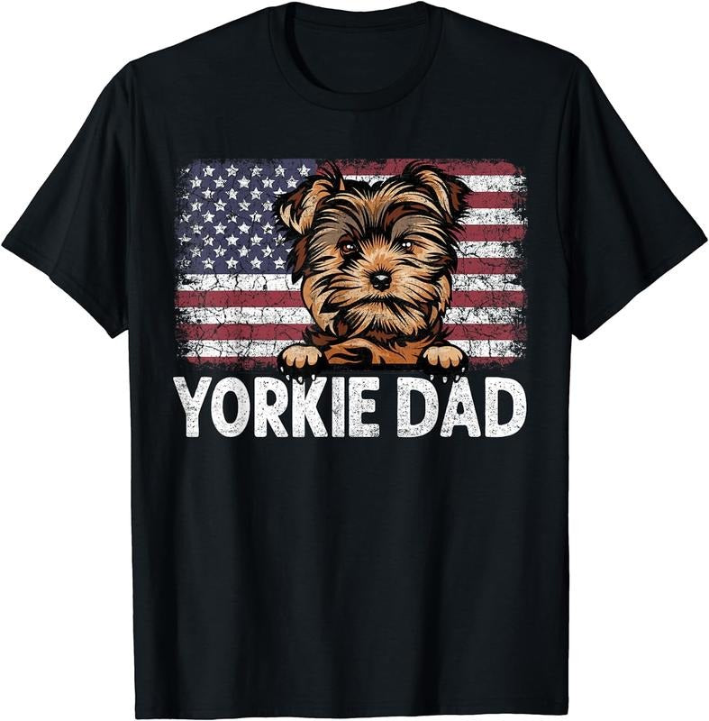 [100% Cotton] Yorkie Dad With Proud American Flag Dog Lover Gift T-Shirt Hoodie, Sweatshirt | UrbanDripWear.com