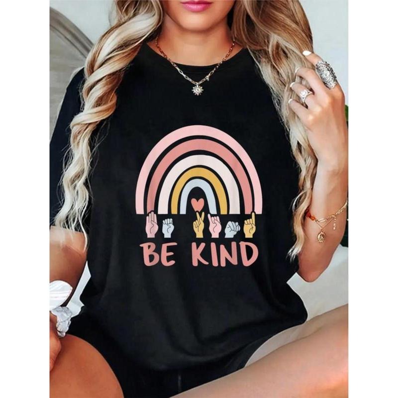 100% Cotton Be Kind ASL Sign Language Deaf SPED Teacher Men Women T-Shirt Casual Short Sleeve Shirt Hoodie, Sweatshirt