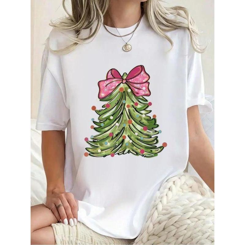 100% Cotton Christmas Tree With Coquette Bow Xmas Christmas T-Shirt Print Round Neck Short Sleeve Streetwear Fashion...