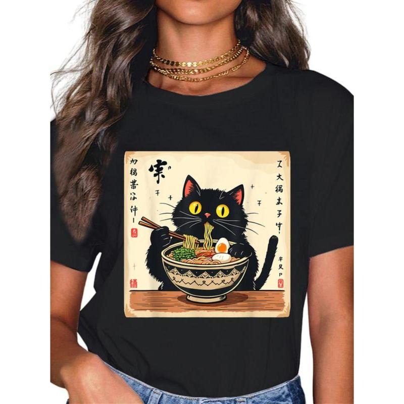 100% Cotton Cute Black Cat Eating Ramen Noodles Lover Japanese Clothing T-Shirt Hoodie, Sweatshirt | UrbanDripWear.com