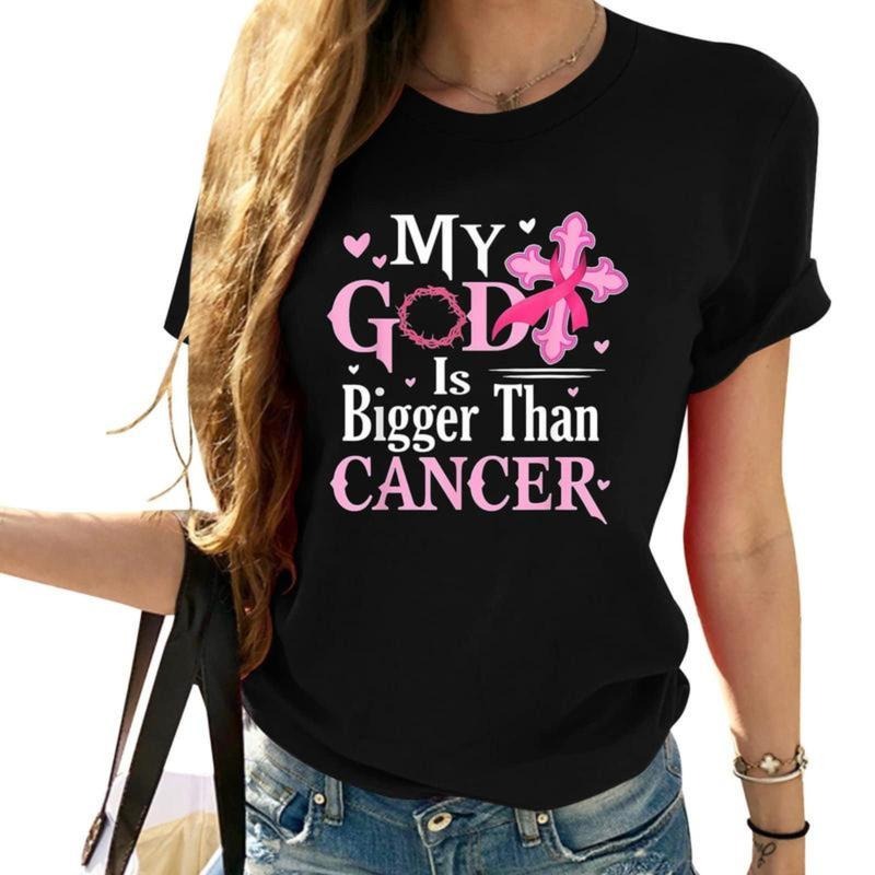 100% Cotton Fashion Garment Womens My God Is Bigger Than Cancer Breast Cancer Awareness Jesus T Shirt Black Hoodie,...