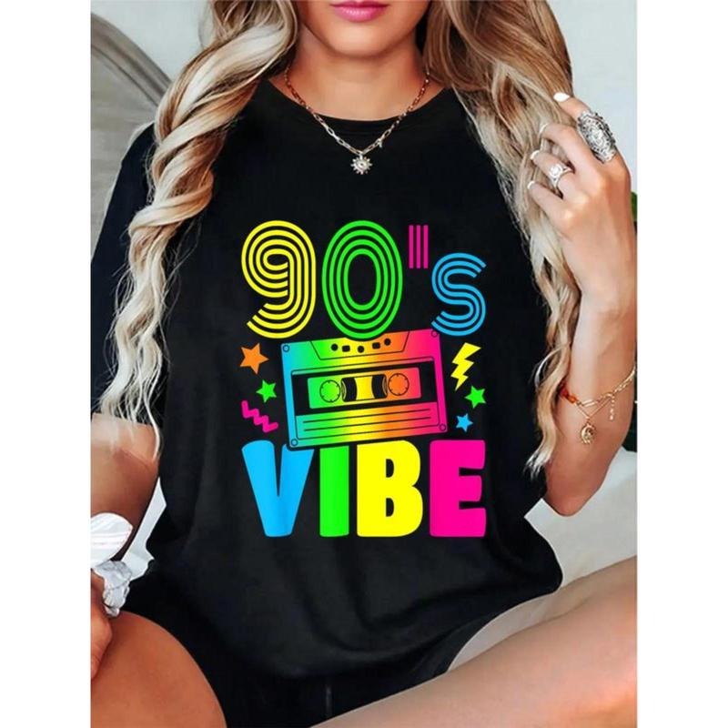 100% Cotton Funny 90s Vibe Retro 1990s 90s Styles Costume Party Outfit T-Shirt Round Neck Short Sleeve T-Shirt Women's...
