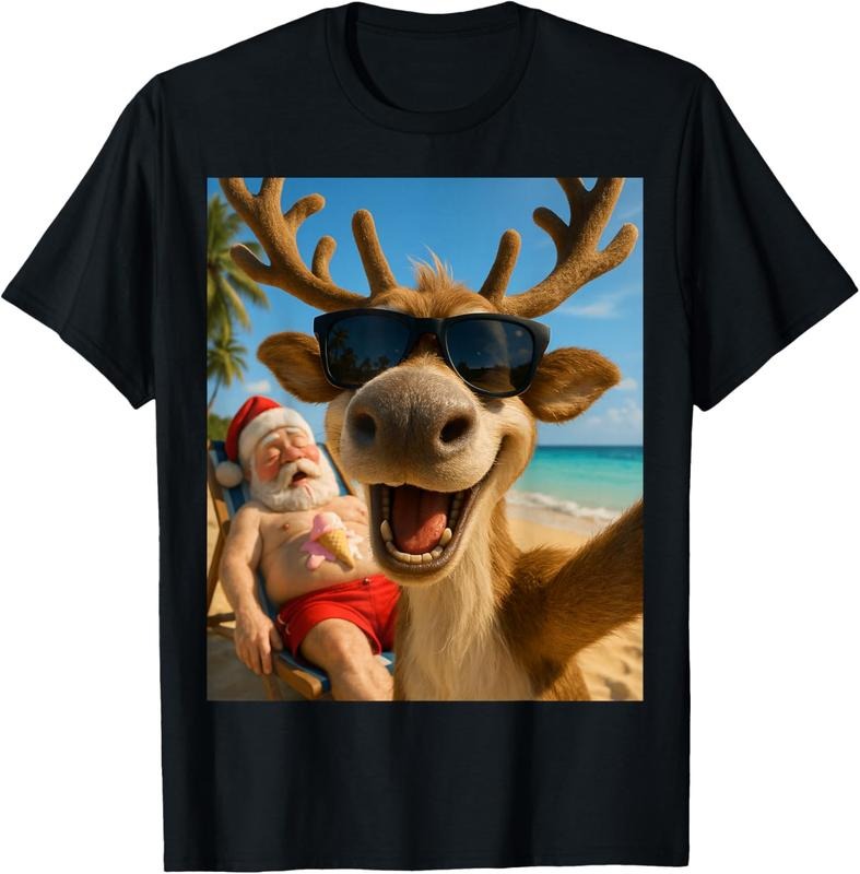 100% Cotton Funny Reindeer Beach Selfie - Christmas in July T-Shirt Hoodie, Sweatshirt | UrbanDripWear.com