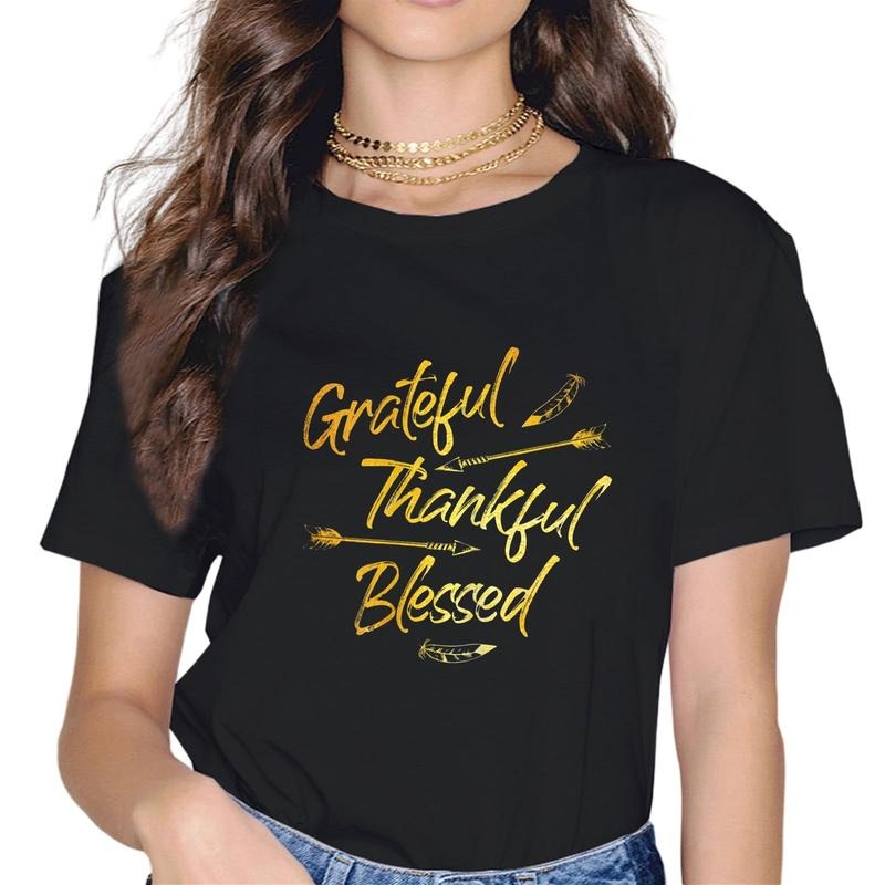 [100% Cotton]Grateful Thankful Blessed Gold Women Fashion Short Sleeve Casual Round Neck Thanksgiving Day Gift T-Shirt...