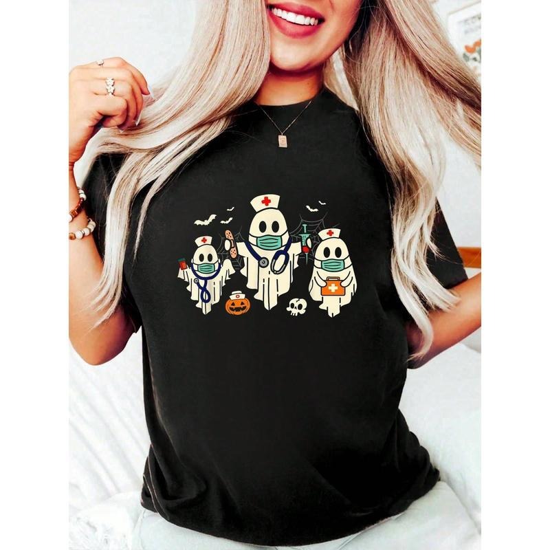 100% Cotton Halloween Nurse Nursing Funny Health Worker RN Ghost Nurse T-Shirt Women's Tee Causal Breathable Classic...