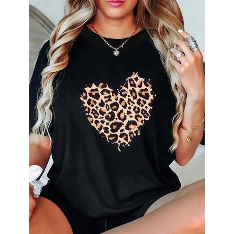 100% Cotton Leopard Cheetah Animal Print Heart T-Shirt Casual Short Sleeve Shirt Hoodie, Sweatshirt | UrbanDripWear.com