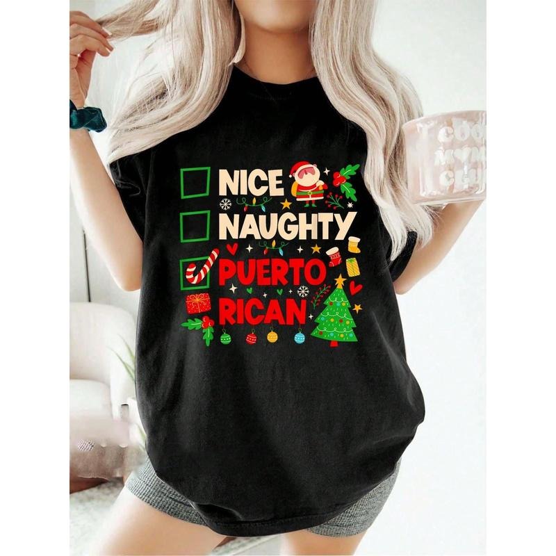 100% Cotton Nice Naughty Puerto Rican Puerto Rico Women Santa T-Shirt Summer Tees Women Hoodie, Sweatshirt