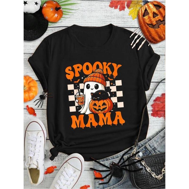 100% Cotton Spooky Mama Cute Ghost Drink Cat Pumpkin for Halloween Gifts T-Shirt Print Round Neck Short Sleeve Streetwear...
