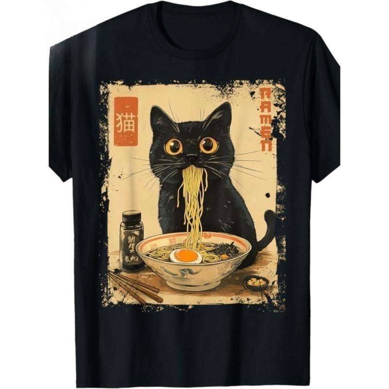 100% Cotton Stylish Vintage Kawaii Cat Ramen Graphic T-Shirt For 100 Cotton Comfortable Crew Neck Short Sleeve Casual Top...