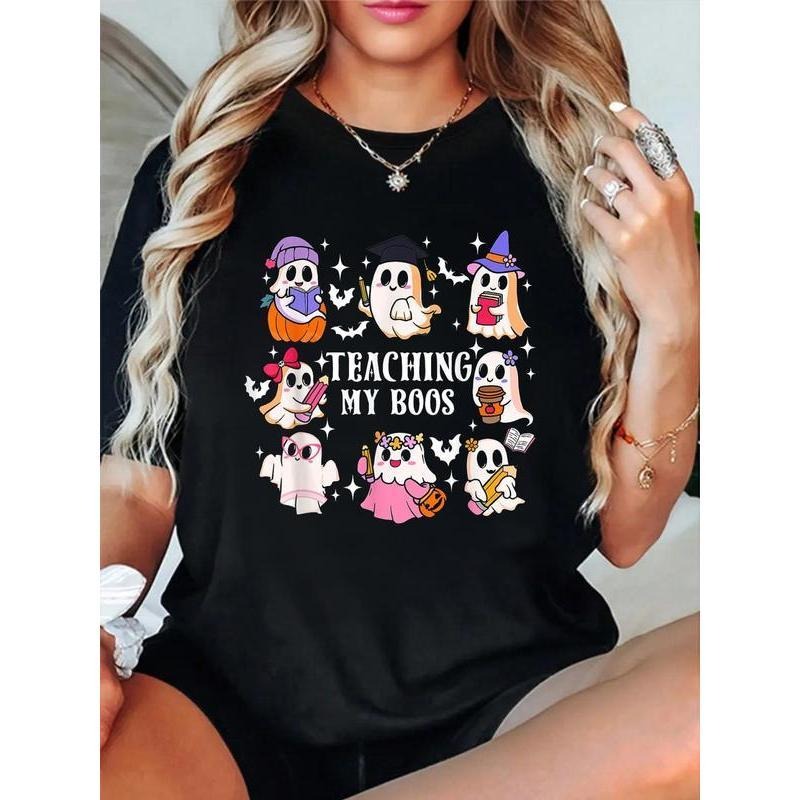 100% Cotton T shirts Teaching My Boos Ghost Reading Books Lover Teacher Halloween T-Shirt Breathable & Comfort Fit Tee...