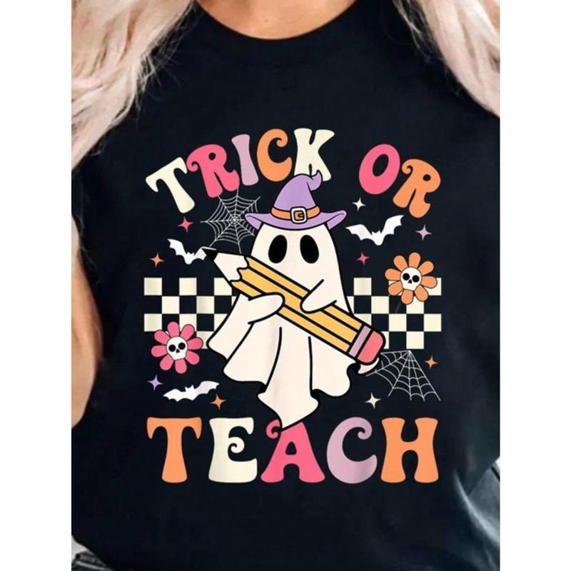100% Cotton Teacher Halloween Shirt, Halloween Teacher Shirt, Trick Or Teach Shirt, Spooky Teacher T-Shirt, Retro Ghost...