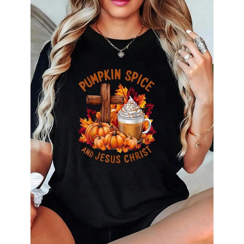 100% Cotton Top Pumpkin Spice And Jesus Christ Funny Fall Christian T-Shirt Summer Outfits For Women Hoodie, Sweatshirt