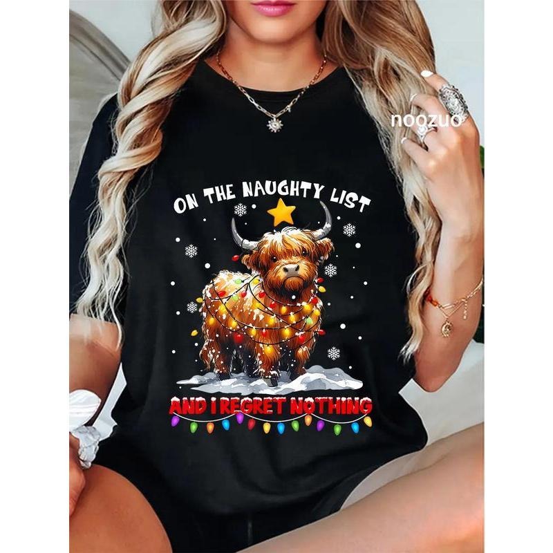 100% Cotton Unisex On The Naughty List And Reget Nothing Christmas Highland Cow T-Shirt Casual Top style 02 Hoodie,...