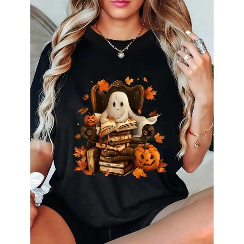 100% Cotton Unisex Vintage Ghost Book Reading Pumpkin Gothic Halloween Teachers T-Shirt Hoodie, Sweatshirt