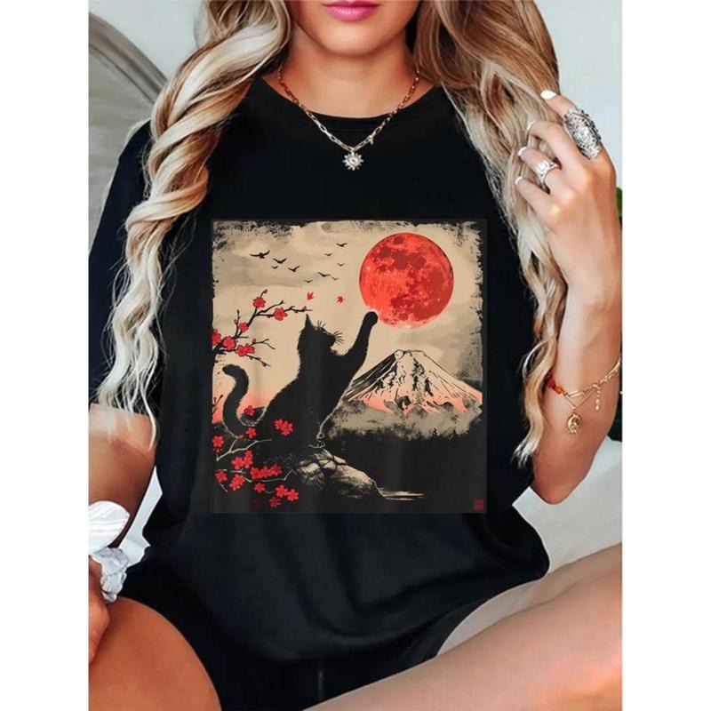 100% Cotton Vintage Japan Art Japanese Theme Retro Print Black Cat T-Shirt Hoodie, Sweatshirt | UrbanDripWear.com