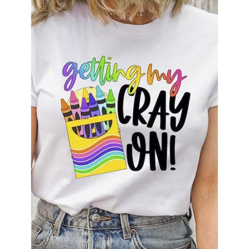 100% Pure, Crayon Pattern Printed T-Shirt, Spring And Summer Round Neck Short Sleeved Women'S T-Shirt, Pure Breathable...