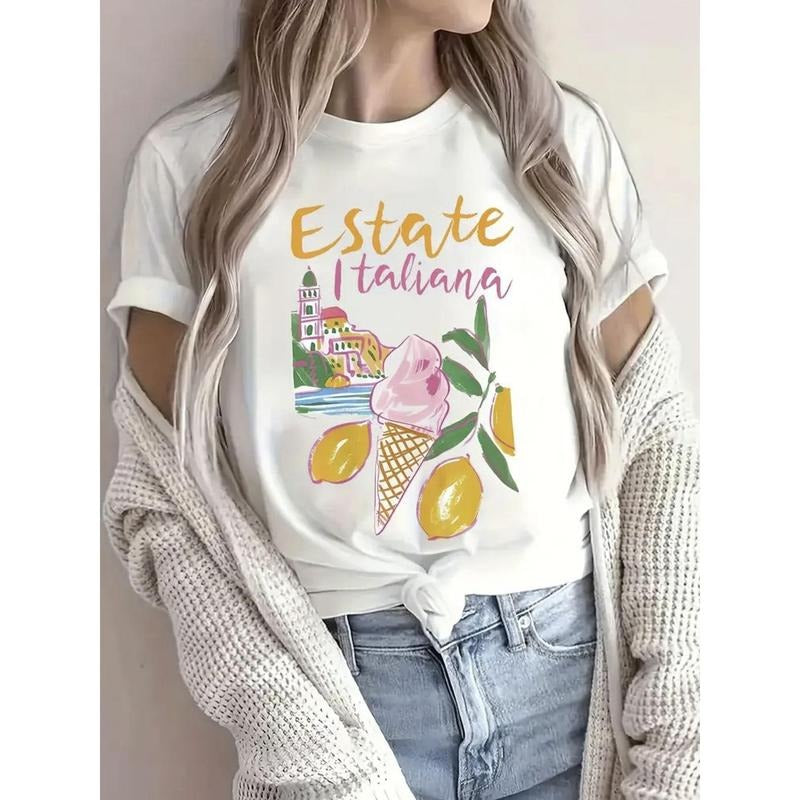 100% Pure, Italian Ice Cream Pattern Printed T-Shirt, Spring And Summer Round Neck Short Sleeved Women'S T-Shirt, Pure...