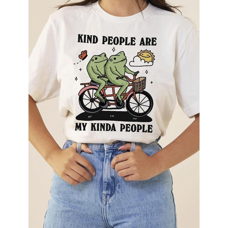 100% Pure, Kind People Are My Kind, Frog Pattern Printed T-Shirt for Spring And Summer Round Neck Short Sleeved Women'S...