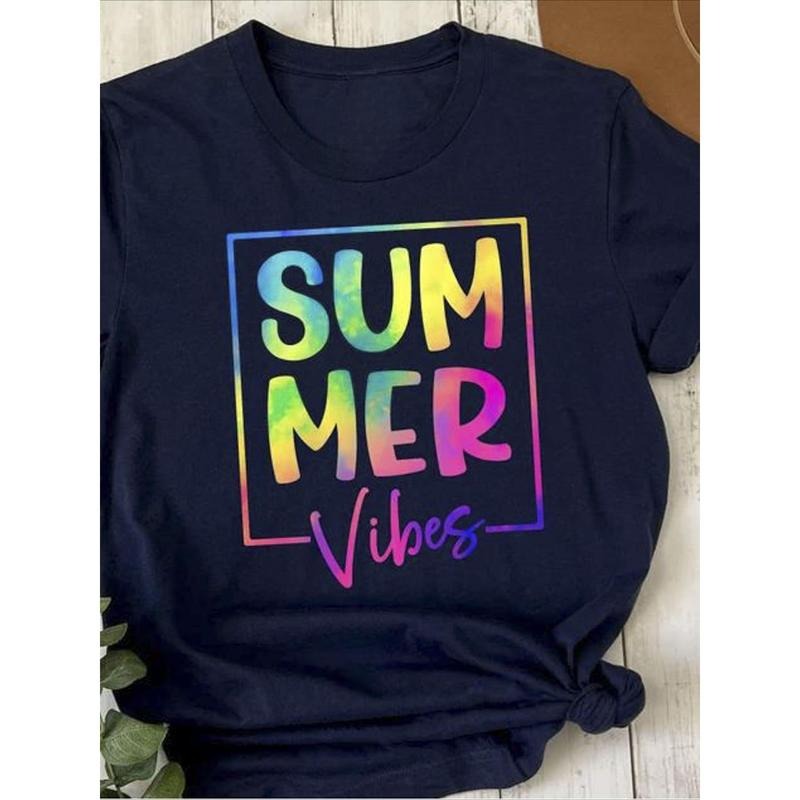 100% Pure, Summer Atmosphere Pattern Printed T-Shirt, Spring And Summer Round Neck Short Sleeved Women'S T-Shirt, Pure...