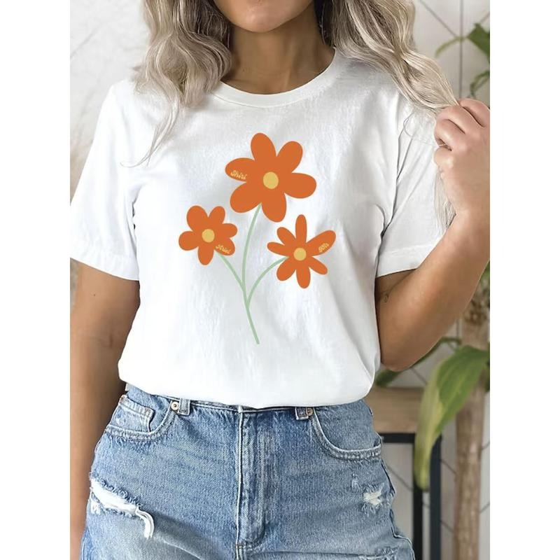 100% Pure, Vibrant Orange Blossom Floral Pattern Printed T-Shirt, Spring And Summer Round Neck Short Sleeved Women'S...