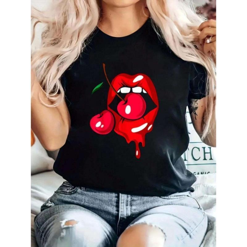 100% T Shirts Women Red Lips Cherries Vintage Retro Gift Printed T-Shirt For Summer Crewneck Cotton Essential Everyday...