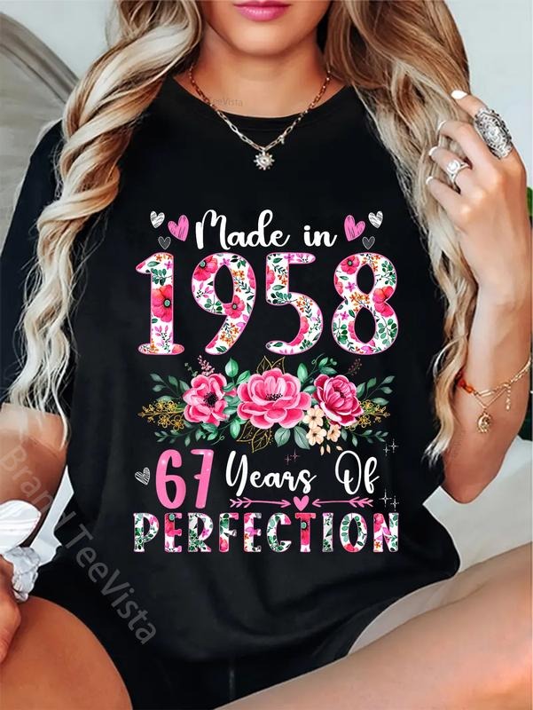 100% cotton 67 Year Old Made In 1958 Floral 67th Birthday Women T-Shirt women graphic shirts Hoodie, Sweatshirt