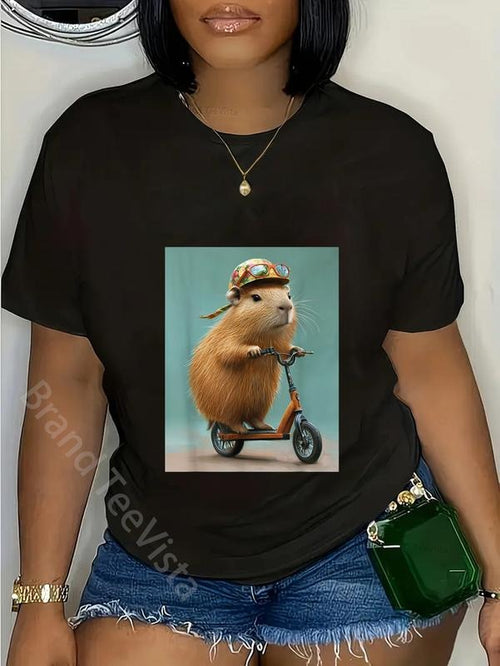 100% cotton Capybara riding Scooter with Glasses Funny Graphic T-Shirt women graphic shirts style 02 Hoodie, Sweatshirt