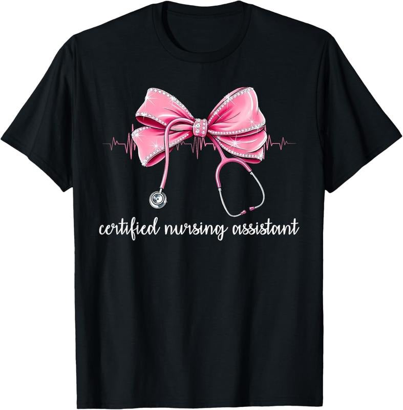100% cotton Certified Nursing Assistant CNA Stethoscope Coquette Bow T-Shirt women graphic shirts Hoodie, Sweatshirt