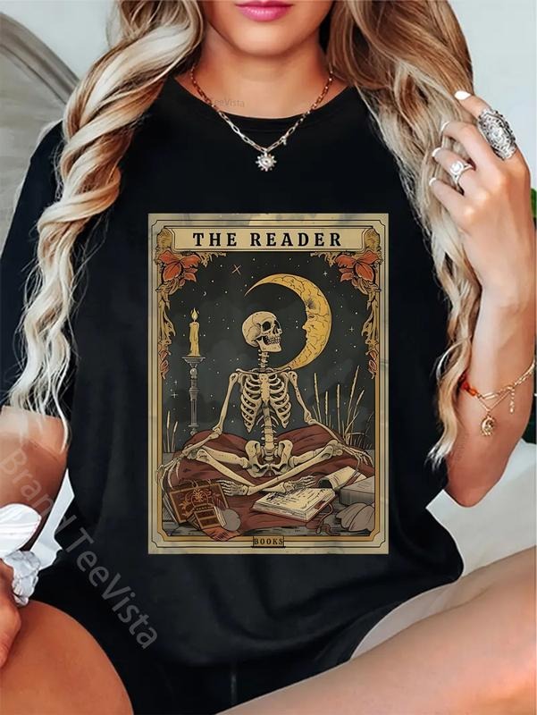 100% cotton Cottagecore Skeleton Aesthetic Tarot Card The Reader Graphic T-Shirt women graphic shirts Hoodie, Sweatshirt