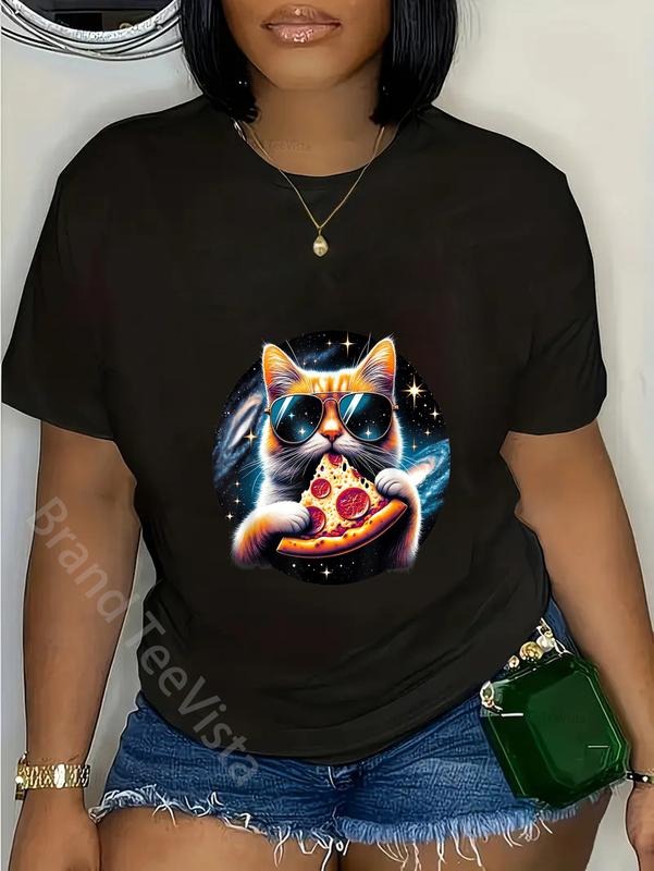 100% cotton Funny Cat eating Pizza in space kitty Galaxy T-Shirt women graphic shirts style 02 Hoodie, Sweatshirt