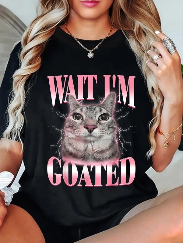 100% cotton Funny Silly Cat Brainrot Wait I'm Goated Cat Meme Saying T-Shirt for Men Women Kids women graphic shirts...