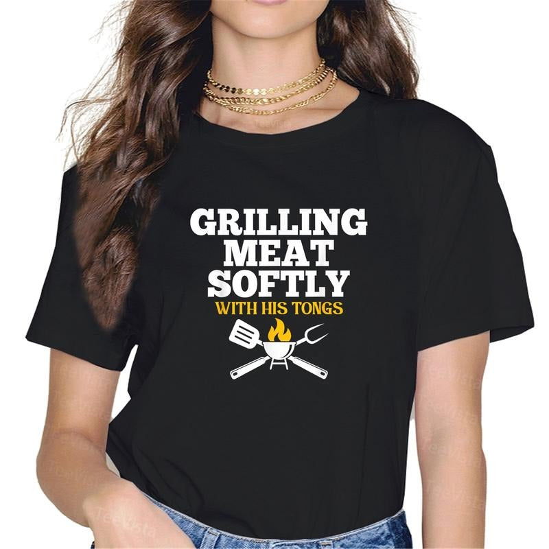 100% cotton Grilling Meat Softly With His Tongs Funny Grill Barbecue Dad T-Shirt women graphic shirts Hoodie, Sweatshirt