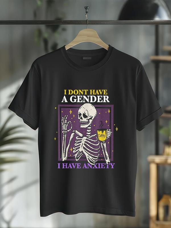 100% cotton I Don't Have A Gender I Have Anxiety Nonbinary Enby Skeleton T-Shirt casual Fashion graphic tees for women...
